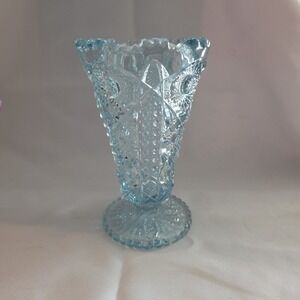 Vintage Imperial Aqua Blue Deep Cut Pressed Glass -‎ Pedestal Base - Ruffled Rim